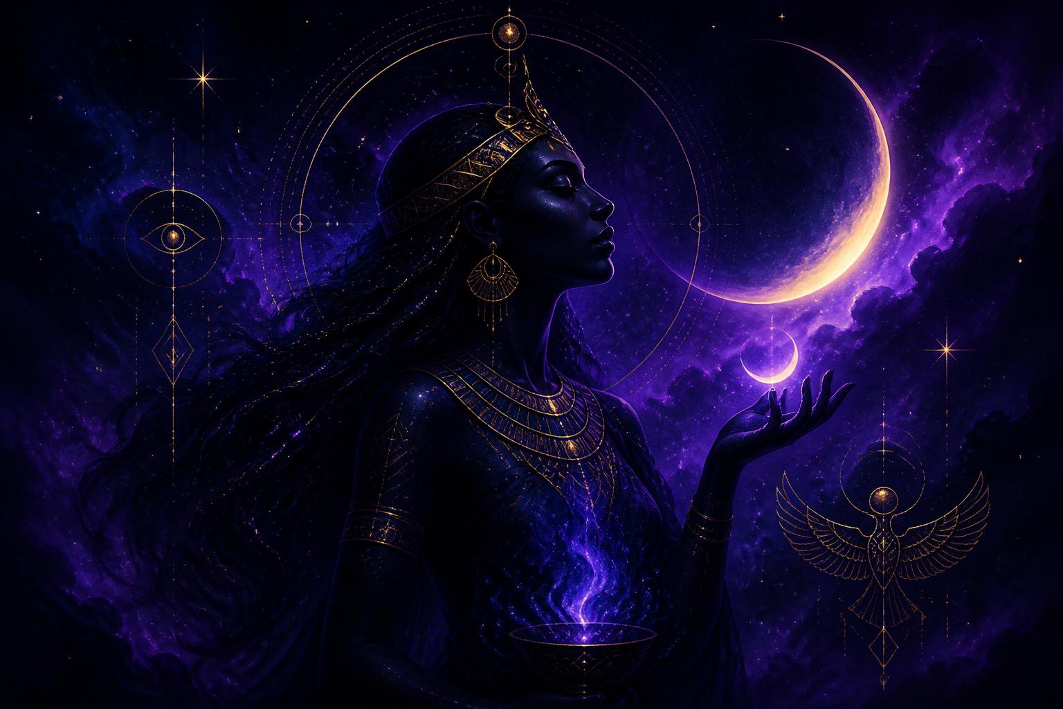 Mystical divine feminine figure beneath a crescent moon and indigo cosmos